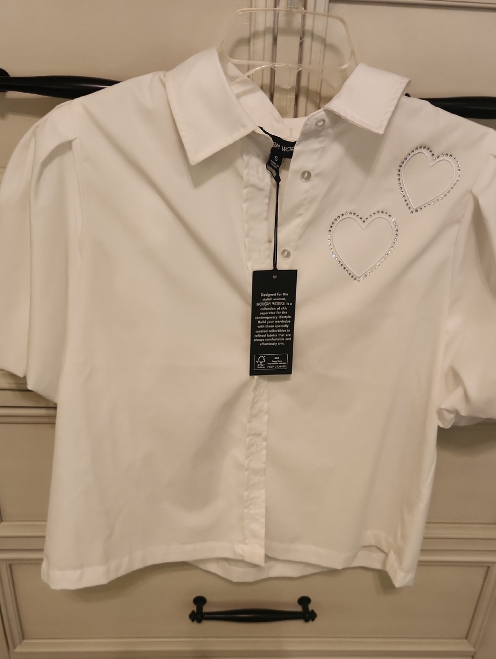 White Short-Sleeve Button Front Blouse with Heart Embellishments